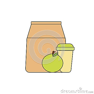Lunch box: paper bag, green apple and coffee in a paper cup. healthy breakfast, healthy lifestyle Stock Photo