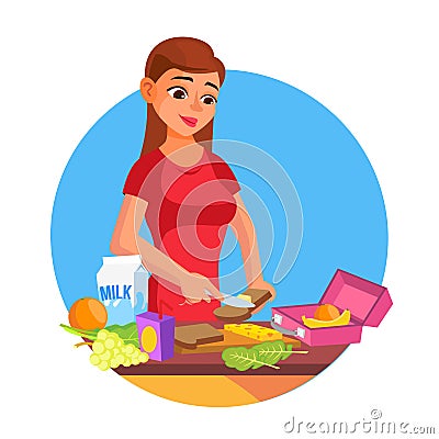 Lunch Box Vector. Woman Making Tasty Vegetarian Lunch. Healthy Food. Mother Making Breakfast For Her Children. Flat Vector Illustration