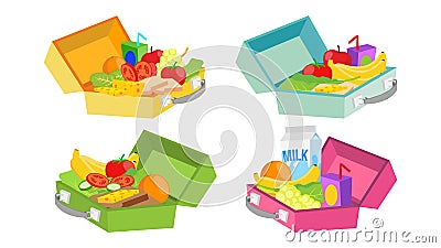 Lunch Boxes Set Vector. Various Ingredients. Healthy Food For Kids And Students. Vector Illustration
