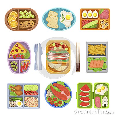 Lunch boxes top view colorful vector illustrations set Vector Illustration