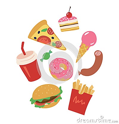 Lunch from fast food restaurant pizza hamburger soda and cake. Junk food illustrations set. Vector illustration isolated Vector Illustration