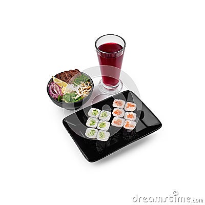Lunch Fo-Bo Soup, mini cucumber roll, mini salmon roll white background isolate Stock Photo