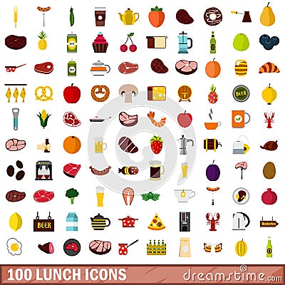 100 lunch icons set, flat style Vector Illustration