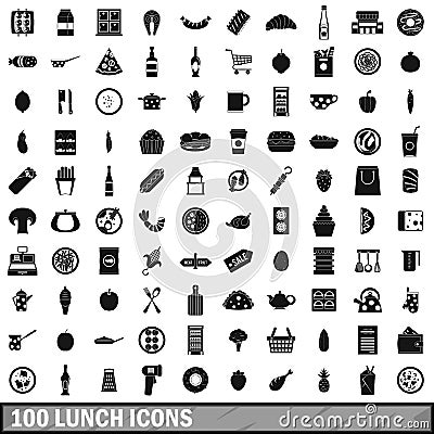 100 lunch icons set, simple style Vector Illustration