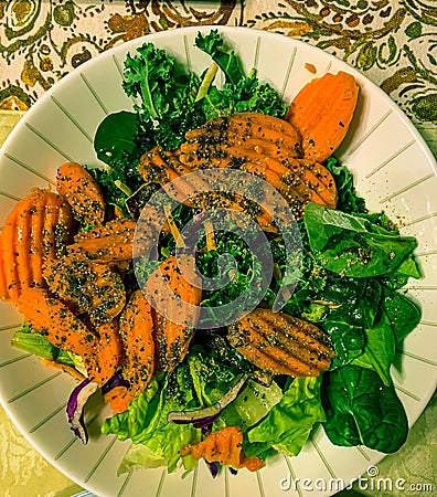 Lunch plate. Portion control. A side of salad two cups. Stock Photo