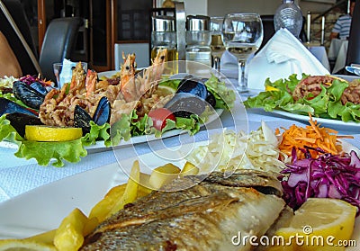 Lunch with seafood dishes Stock Photo