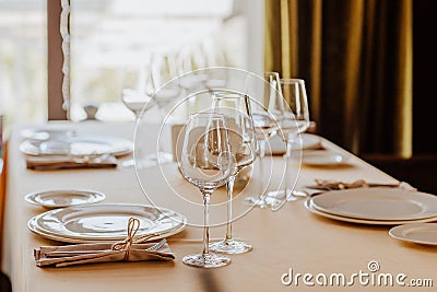 Lunch tablecloth with received name plate in restaurant. Stock Photo