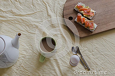 Lunch time with soft boiled egg cup of coffe and bruschette Stock Photo