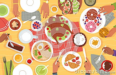 Lunch top view. Cartoon people having dinner at home or in restaurant. Table full of plates with food. Hands holding Vector Illustration
