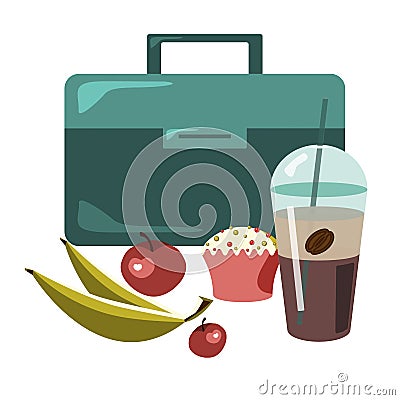 Vector flat illustration of lunch in box with coffee, muffin, apples and banana Vector Illustration