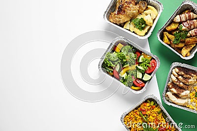 Lunchboxes on color table. Healthy food delivery Stock Photo