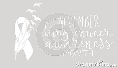 Lung cancer awareness month Novermber handwritten lettering. White support feather ribbon. Web banner vector Vector Illustration