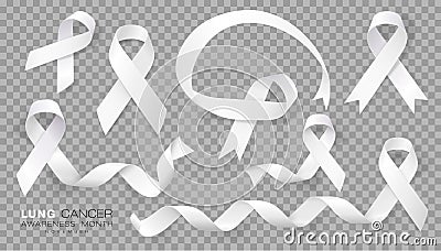 Lung Cancer Awareness Month. White Color Ribbon On Transparent Background. Vector Design Template For Poster. Vector Illustration