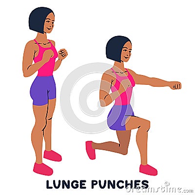 Lunges. Lunge punches. Sport exersice. Silhouettes of woman doing exercise. Workout, training Cartoon Illustration