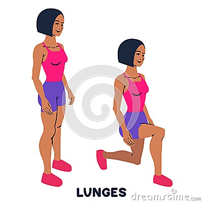 Lunges. Sport exersice. Silhouettes of woman doing exercise. Workout, training. Vector Illustration