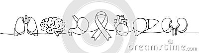 Lungs, brain, stomach, heart, liver, kidneys one line continuous drawing. Cancer awareness ribbon, AIDS ribbon Cartoon Illustration