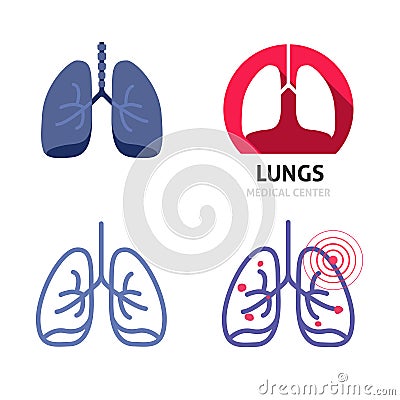 Lungs bronchus healthy vector logo icon and bronchial tuberculosis disease as asthma or breath illness flat cartoon and line Vector Illustration