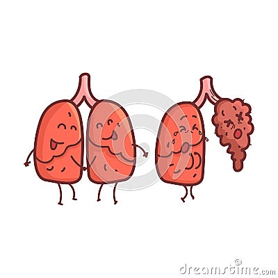 Lungs Human Internal Organ Healthy Vs Unhealthy, Medical Anatomic Funny Cartoon Character Pair In Comparison Happy Vector Illustration