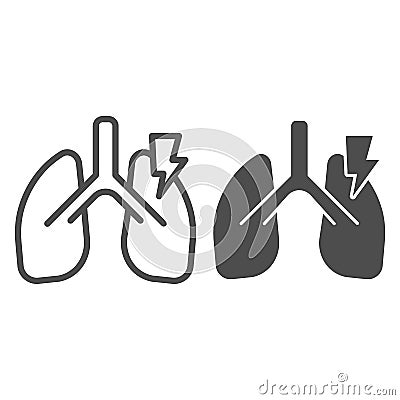 Lungs inflammation line and solid icon. Coronavirus threat attacks and destroys organs outline style pictogram on white Vector Illustration