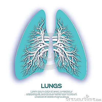 Lungs origami. Blue Paper cut Human Lungs anatomy Vector Illustration