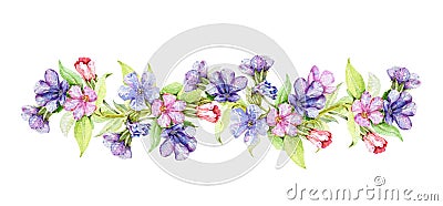 Lungwort herb watercolor border illustration. Medical wild plant with blue flowers on the stem hand drawn decore image. Blooming l Cartoon Illustration