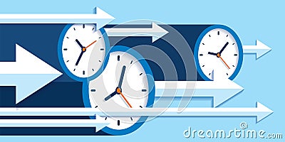 Time forward. Fast decision. 3D clock icon, right arrow, timer on a blue background. Time management. Lots of pointers. Business v Vector Illustration