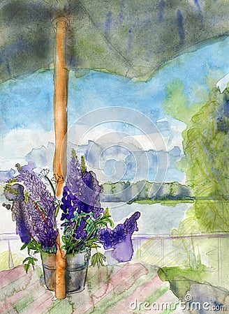 Lupines and umbrella Stock Photo