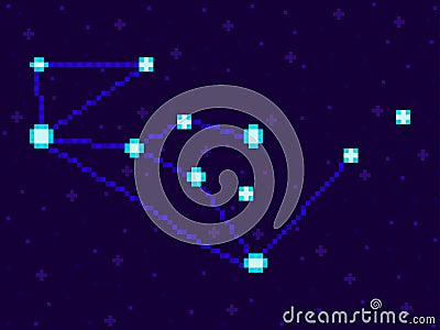 Lupus constellation in pixel art style. 8-bit stars in the night sky in retro video game style. Cluster of stars and galaxies. Vector Illustration