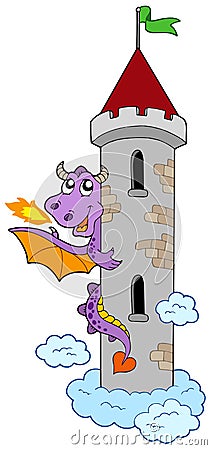 Lurking dragon with castle tower Vector Illustration