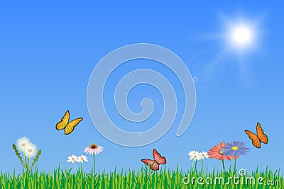 Luscious green spring meadow with flowers and Vector Illustration