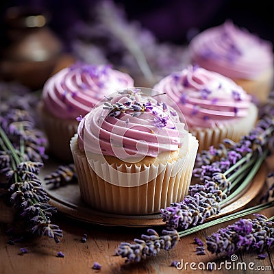 Luscious Lavender Delights: A Floral Fantasy of Cupcakes Stock Photo