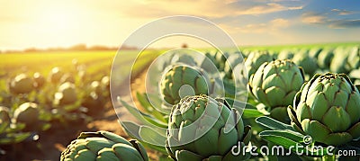 Lush artichoke plants thriving in a sunlit open plantation, ready for a bountiful summer harvest. Stock Photo