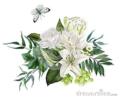 Lush bouquet composed of white flowers and greenery Vector Illustration