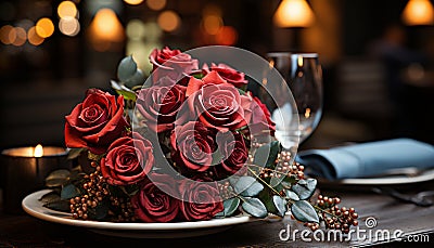 A lush bouquet of deep red roses, complemented by eucalyptus leaves and small berries, placed beside a lit candle, with a wine Stock Photo