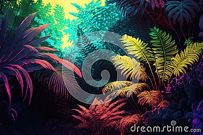 Lush bright tropical vegetation. Generative AI Cartoon Illustration