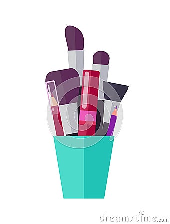 Lush Brushes, Bright Pencils and Tube of Mascara Vector Illustration