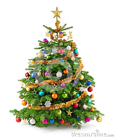 Lush christmas tree with colorful ornaments Stock Photo