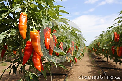 Lush and colorful chili pepper harvest thriving on a modern and technologically advanced plantation Stock Photo