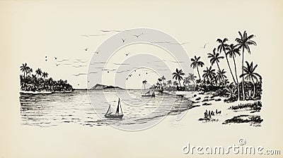 Lush And Detailed Beach Sketch With Boats And Palm Trees Cartoon Illustration