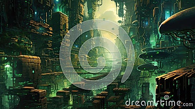 A lush digital landscape with interconnected elements like apps, devices, and data streams, showcasing the intricate relationships Stock Photo