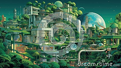 A lush digital landscape with interconnected elements like apps, devices, and data streams, showcasing the intricate relationships Stock Photo