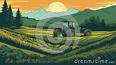 Lush Farm Field With Tractor And Mountains Illustration Stock Photo