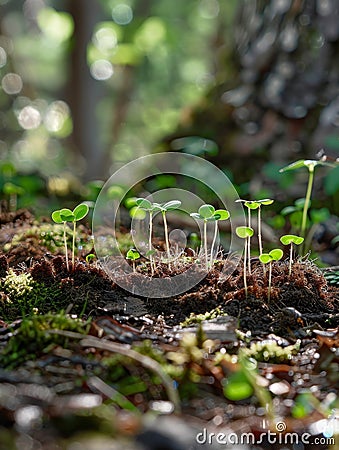 Lush forest floor with sprouting seedlings Stock Photo