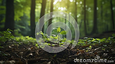 Lush forest with young sapling and towering trees representing natureâ€™s growth stages Stock Photo