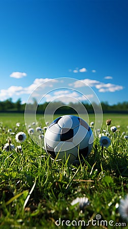 Lush green field embraces a solitary, spherical sports ball Stock Photo