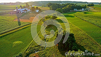 Lush green fields and farms Stock Photo