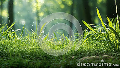 Lush green grass field with blurry trees and bright bokeh lights in the background Stock Photo