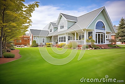 lush green lawn in front of a twostory brick cape cod home Stock Photo