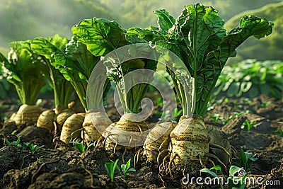 Lush Green Sugar Beet Crop Growing in Fertile Farm Soil Under Sunlight, Agriculture and Farming Concept Stock Photo