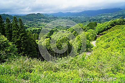 Lush greenery mountain panorama, bridge and town view from afar Stock Photo